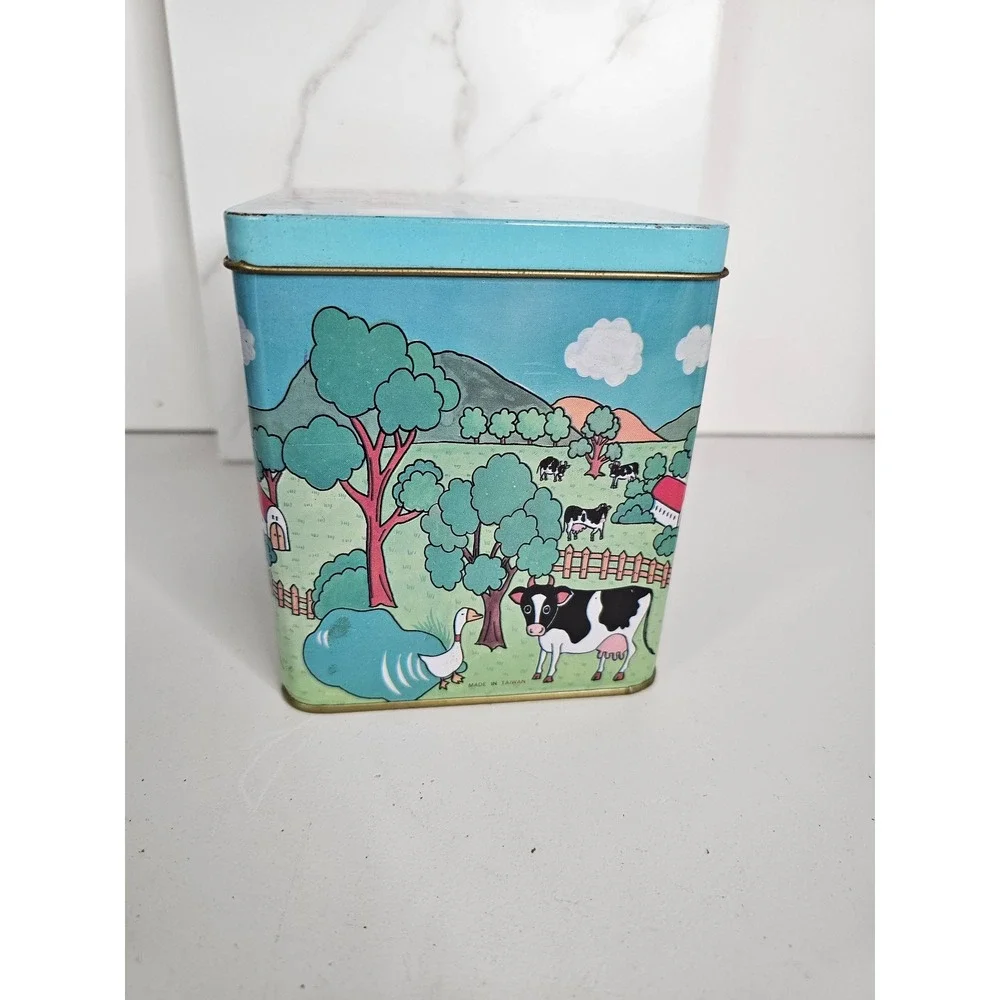 Vintage Farm Scene Metal Tin Cow Goose Pastoral Landscape Square Storage Can